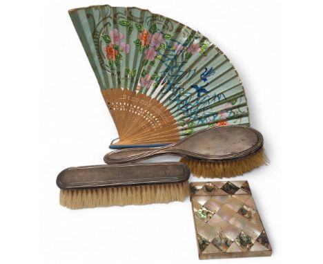A Victorian mother of pearl and abalone calling card case, hinged lid; a silver backed hair brush, engine turned decoration, 