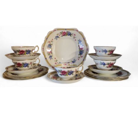 A Hammersely and Co Roses pattern tea service, comprising cake plates, five cups and saucers and six plates, printed marks, p