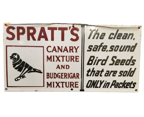 Advertisement -&nbsp; a mid 20th century enamel advertising sign `Spratt`s canary mixture and budgerigar mixture, the clean, 