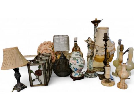 Lighting - a figural side light;&nbsp; onyx lamps;&nbsp; a set of three stained glass hall lights;&nbsp; &nbsp;etc