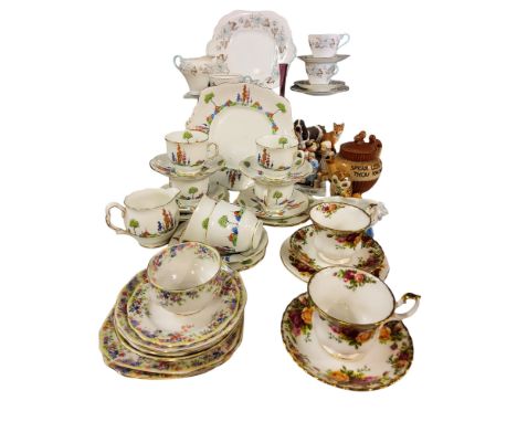 A Royal Albert Happyland tea service, for six, printed marks;&nbsp; &nbsp;two Royal Albert Old Country Roses teacups and sauc