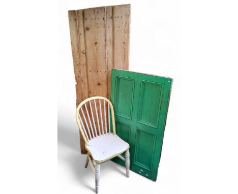 Salvage - an early 20th century painted door; a rustic pine board; early 20th century spindle back kitchen chair (3)