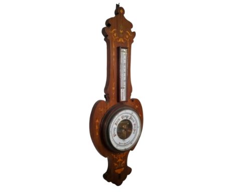 A late Victorian mahogany aneroid banjo barometer, satinwood inlaid with Neoclassical swags and urns by Pidduck, Southport, 8