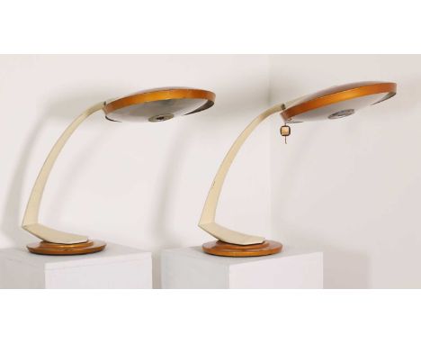 A pair of Spanish desk lights,by Fase, c.1970, each in enamelled two-tone brown with adjustable circular light, one with orig