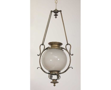 A Napoleon III gas lantern,the frosted glass globe within brass mounts and supports,96cm highCondition report: Still with gas