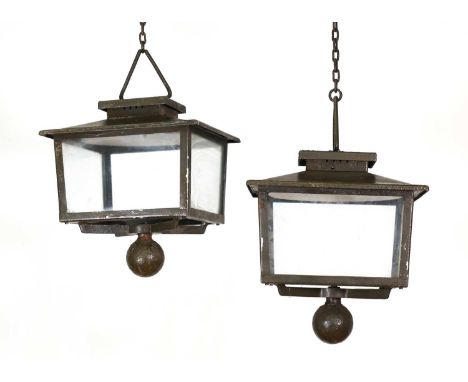 A pair of iron exterior lanterns,early 20th century, French, each with a painted finish,41cm square50cm high maximum (2)Condi