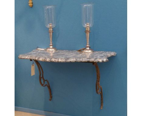 A pair of marble-topped wall-mounted wrought iron pier tables,early 19th century, Piedmontese, each rare bigio onice 'tigrato
