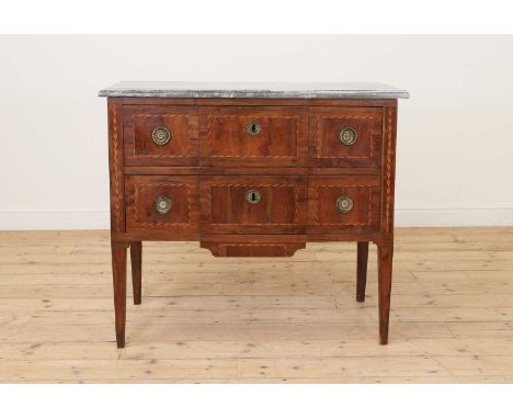 An Italian inlaid walnut commode,late 18th century, the grey marble top over two drawers, each with a shallow breakfront, str
