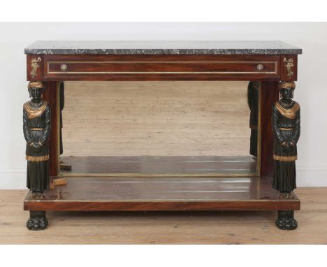 A French Empire mahogany console table,early 19th century, the grey veined marble top slides forward on rollers to reveal a r