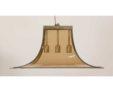 A rectangular sepia glass ceiling light,c.1970, Italian, the three lights with brass mounts and corners,69cm wide52cm deep39c