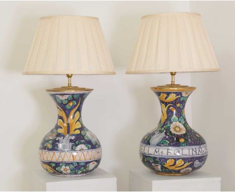 A pair of maiolica apothecary vases,17th century style, Sicilian, converted to table lamps,50cm high including light fittings