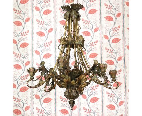 An Art Nouveau brass and gilt metal gasolier,late 19th century, French, with six scrolled arms and ginkgo leaf decoration, wi