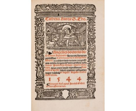 Aquinas (Thomas) Cathena Aurea S.Tho., parts 1 and 2 only (of 4), double column, Gothic type, titles in red and black within 