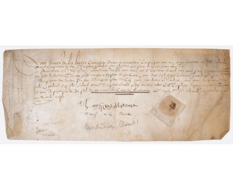 Battle of Jarnac.- Barre (Henri de la, artillery officer) Document signed acknowledging having received 100 livres tournois f