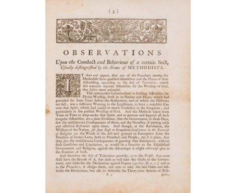 Methodism.- [Gibson (Edmund, Bishop of London)] Observations upon the conduct and behaviour of a certain sect, usually distin