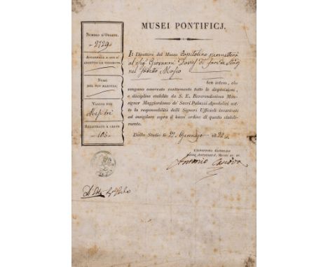 Canova (Antonio, Italian sculptor, 1757-1822) Pass to study at Musei Pontifici, "The Director of the Capitoline Museum permit