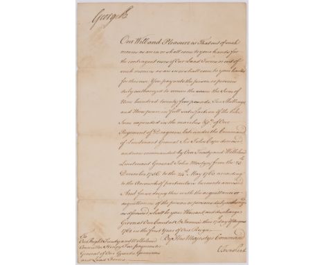 George III. Order to pay on behalf of Lieutenant General Sir John Cope to Henry Fox "nine hundred twenty five pounds, ten shi