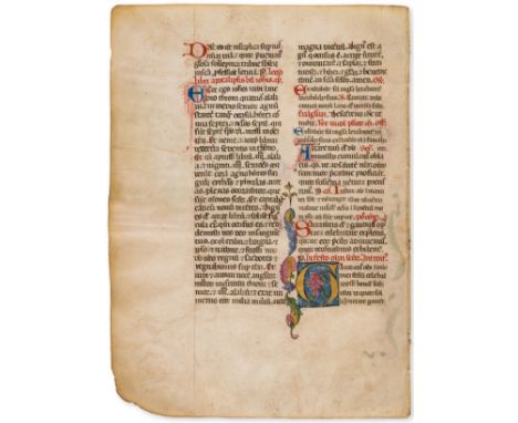 Illuminated manuscript.- Single leaf from a Missal, in Latin, illuminated manuscript on vellum, 2 columns in brown and red in