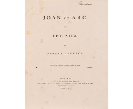 Southey (Robert) Joan of Arc, an epic poem, first edition, errata f. at end, lacking half-title, some spotting, lightly brown