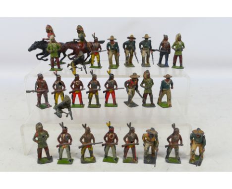 Britains - 27 loose vintage Britains Cowboys and Indians Metal figures. Includes 2 mounted Indians (missing arms). Items show