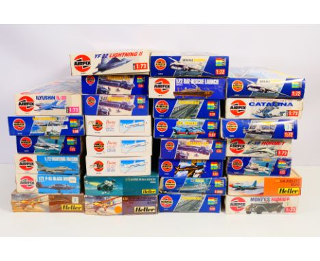 Airfix - Heller - 29 plastic model kits covering a variety of subjects in several scales. Lot includes Airfix #05360 1:32 Mon