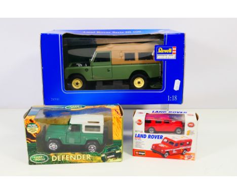 Burago - Revell - 3 boxed diecast Land Rover models, comprising 1:18 scale Revell Land Rover Series III 109 #28500, 1:43 scal