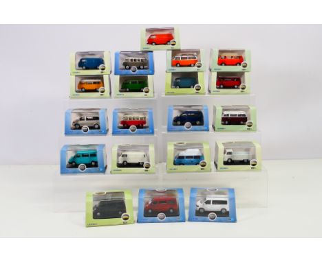 Oxford - A collection of 20  x boxed Volkswagen models in 1:76 railway scale including T4 Westfalia Camper, T25 Bus, T1 Samba