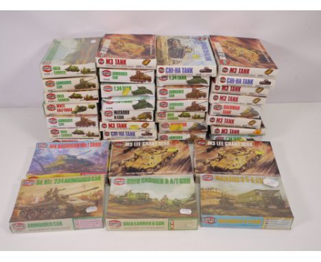 Airfix - A squadron of 36 plastic military model vehicle kits in HO/OO scale. Lot includes Airfix #961303 Sherman Tank; #6130