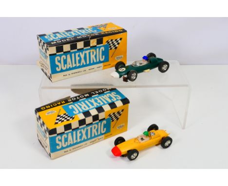 Scalextric - Two vintage Tri-Ang Scalextric formula 1 slot cars: C 72 BRM in green and C 73 Porch in yellow. Both show signs 