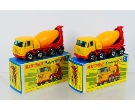 Matchbox - Superfast - 2 x boxed Foden Concrete Trucks # 21. Both have solid front number plate housings and dark yellow drum