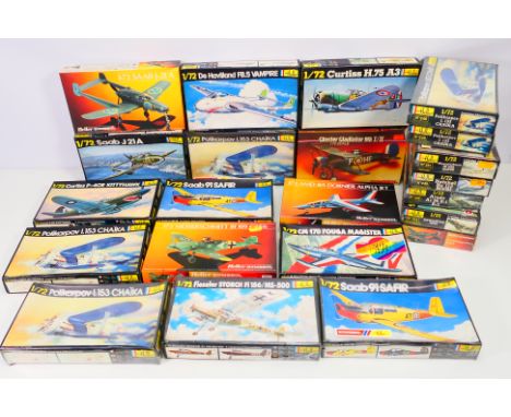 Heller - 22 plastic model aircraft kits in 1:72 scale from Heller. Lot includes Heller #80234 Messerschmitt Bf109e; #21 Dewoi