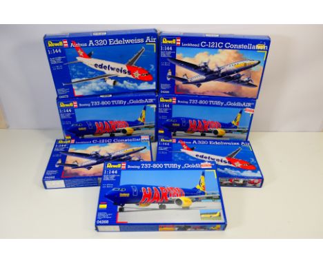 Revell - Seven boxed Revell plastic commercial aircraft model kits in 1:144 scale. Lot includes #04272 Airbus A320 Edelweiss 