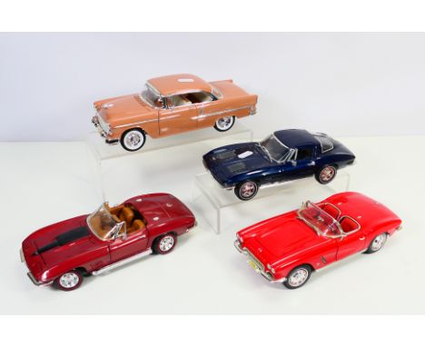 ERTL - four 1/12 scale model motor cars as illustrated, hinged doors, hoods open to reveal engines within, fully fitted inter