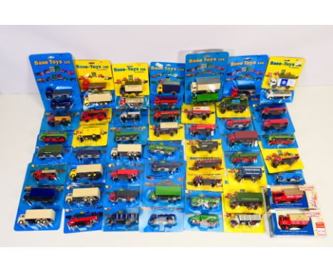 Base Models - 58 predominately Base Model carded diecast model vehicles. Lot includes Base Toys D-15 Leyland Beaver Twin Axle