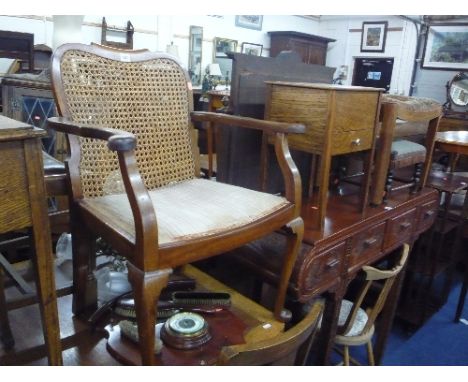 A MAHOGANY FRAMED ARMCHAIR, single chair, oak sewing box, two stools and a hall mirror / barometer (6)