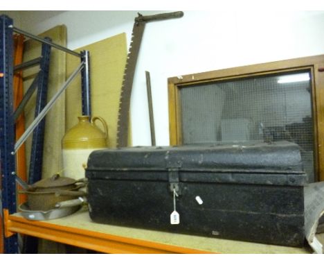 A METAL TRUNK, quantity of metal ware etc (9)