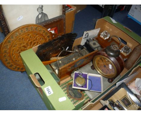 A BOX AND LOOSE SUNDRY ITEMS, pictures, alarm clock, voltmeter, cutlery, desk stand, tins etc