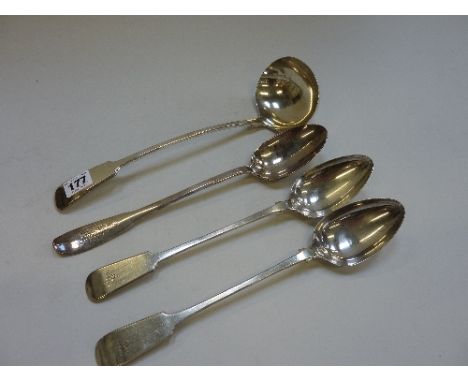 THREE SILVER PLATED BASTING SPOONS, and a soup ladle, all crested or initialled (4)