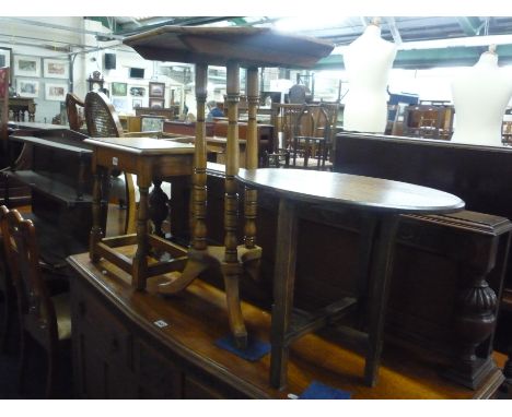 AN OAK STOOL, tilt top table, three folding tables and a framed print (6)