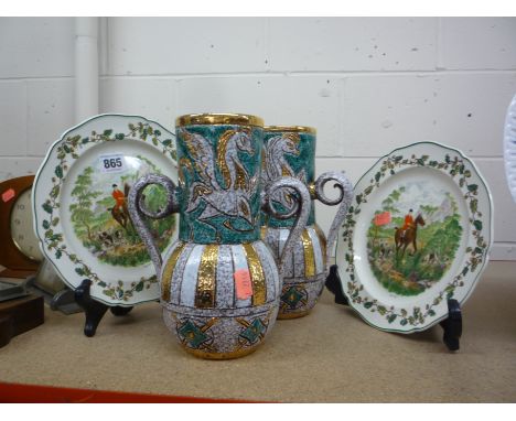 TWO WEDGWOOD HUNTING SCENE PLATES, and a pair of continental vases (4)