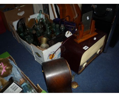 A BAKELITE RADIO AND A MANTEL CLOCK, (key and pendulum), a box of sundries to include glass bottles, metalwares etc