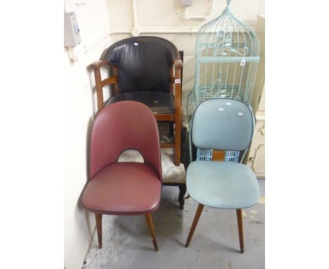 AN OAK FRAMED ARMCHAIR, Edwardian armchair, two retro chairs, a quantity of glass light shades and a rug (6)