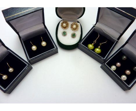 A COLLECTION OF EARRINGS, to include a pair of enamel earrings together with 9ct gold pearl earrings and six further pairs of
