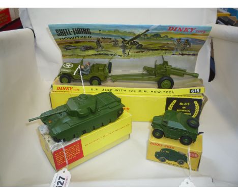 A BOXED DINKY SUPERTOYS CENTURION TANK, No.651, later version with plastic rollers, boxed Dinky Toys U.S. Jeep with 105mm How