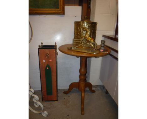 A CIRCULAR PINE TRIPOD TABLE, stick stand, various brassware and tools