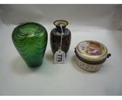 A SMALL CLOISONNE VASE, a green glass lustre vase and a ceramic hinged pot (3)