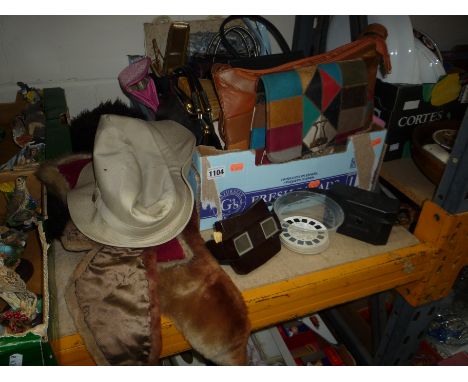 VARIOUS HANDBAGS, FUR STOLE, HAT, VIEW-FINDER, CAMERA, etc
