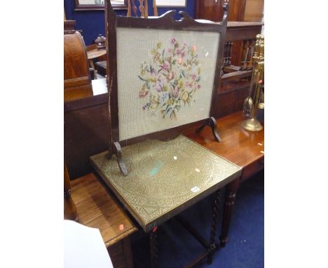 A BRASS TOP TABLE, and a firescreen (2)