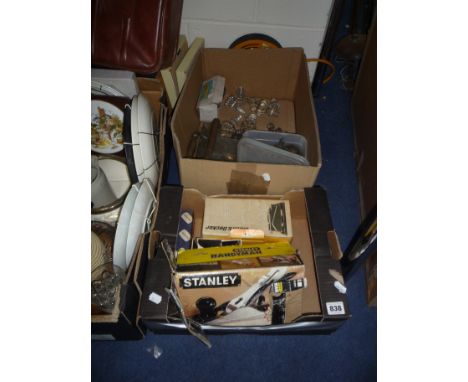 TWO BOXES OF TOOLS, DOOR FURNITURE, etc