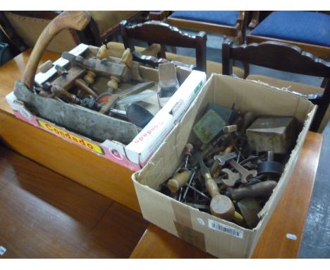 TWO BOXES OF ASSORTED CARPENTERS TOOLS, etc